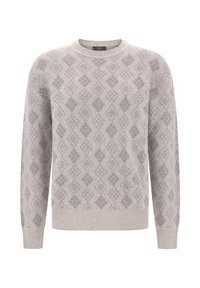 Ljust grå crewneck-tr öja med subtilt diamantmönster och ribbade mudd och nederkant.