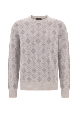 Svetle šedý svetr s kulatým výstřihem, s jemným diamantovým vzorem a žebrovanými manžetami a lemem.