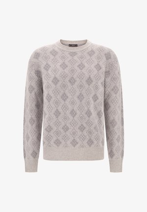 Svetle šedý svetr s kulatým výstřihem, s jemným diamantovým vzorem a žebrovanými manžetami a lemem.