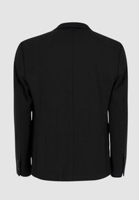 Blazer nero con rever classico, taglio dritto e schiena lineare. Menzionato con polsini con bottoni e una texture liscia.