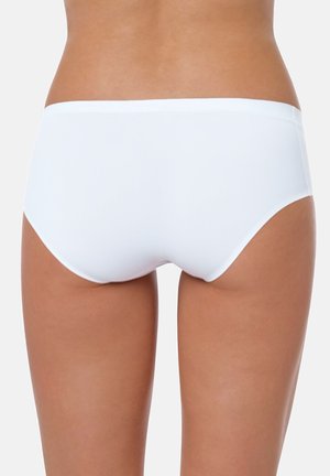 Fondo di bikini bianco mostrato dal retro, con un design liscio e senza cuciture e un taglio minimalista. Il tessuto appare elastico e morbido.