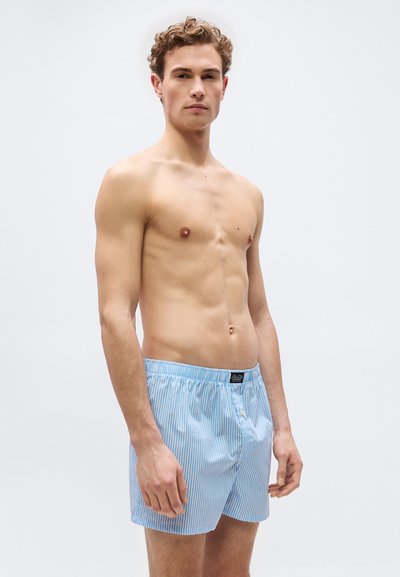 Νέος άντρας με κοντά σγουρά μαλλιά, που φοράει ανοιχτό μπλε και λευκά ριγέ μποξεράκια, στέκεται μπροστά σε απλό ανοιχτό γκρι φόντο.