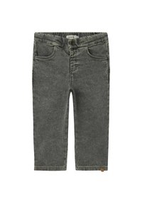 Pantalons en denim gris avec une texture douce, design à cinq poches et ourlet roulé. Comprend une fermeture à bouton et une étiquette de marque sur la taille.