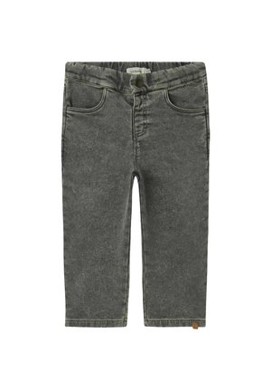 Pantaloni in denim grigio con una texture morbida, design a cinque tasche e orlo arrotolato. Presentano una chiusura a bottone e un'etichetta del marchio sulla vita.