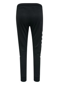 Svarta träningsbyxor med slim fit, med en slät tygtextur, två vita ränder längs sidorna och ett ribbat midjeband.