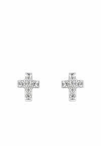 Orecchini a forma di croce in argento adornati con cristalli trasparenti, che mostrano un design geometrico e una superficie liscia.