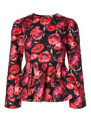 Blouse noire avec un motif de coquelicots rouges et roses, tissu texturé, manches longues, taille peplum et détail de fermeture éclair au dos.