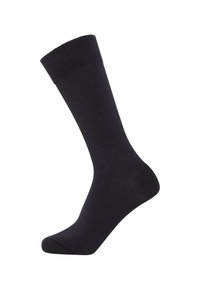 Black cotton sock with a ribbed cuff, smooth texture, and a classic mid-calf design. No patterns or accents present.
