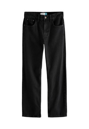 Schwarze gerade Jeans aus Denim, mit fünf Taschen, einem Knopfverschluss vorne und minimaler Naht für einen sauberen Look.