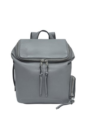 Gray leather backpack with a structured shape, top flap, double zipper closure, and a side zip pocket for additional storage.