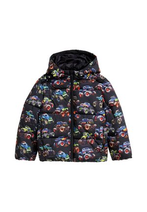 Veste noire à capuche avec une fermeture éclair sur le devant, entièrement imprimée de monster trucks colorés.