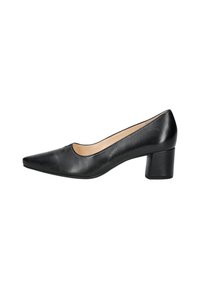 Pump in pelle nera con tacco basso e appuntito, foderato in beige, vista laterale su sfondo bianco.