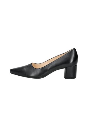 Pump in pelle nera con tacco basso e appuntito, foderato in beige, vista laterale su sfondo bianco.
