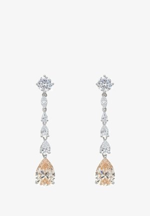 Dangling earrings with a round clear stone at the top and a vertical line of smaller clear stones ending in a larger peach teardrop gemstone.