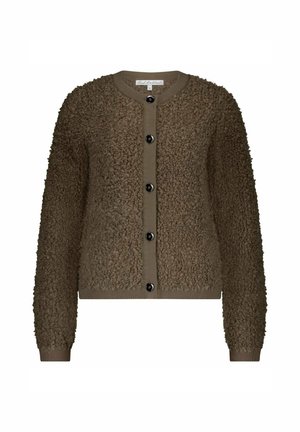 Bruine textuurvolle wollen button-up cardigan met lange mouwen en geribde kraag, manchetten en zoom.