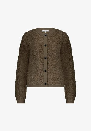 Bruine textuurvolle wollen button-up cardigan met lange mouwen en geribde kraag, manchetten en zoom.