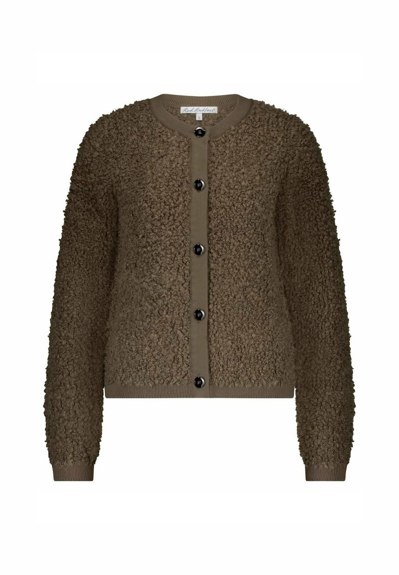 Bruine textuurvolle wollen button-up cardigan met lange mouwen en geribde kraag, manchetten en zoom.