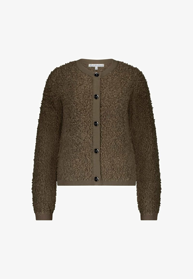 Bruine textuurvolle wollen button-up cardigan met lange mouwen en geribde kraag, manchetten en zoom.