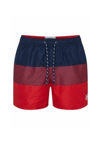 Męskie szorty kąpielowe w kolorze granatowym i czerwonym, z poziomymi paskami, elastycznym pasem z troczkiem oraz gładką syntetyczną teksturą.