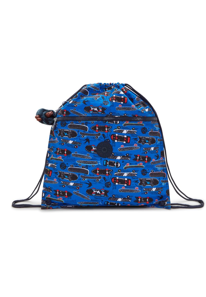 Sacca con cordoncino realizzata in tessuto blu con un motivo di skateboard. Presenta una tasca con zip e un accento decorativo a pom-pom.
