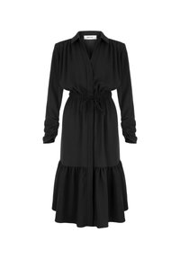 Robe midi noire à manches longues avec ceinture froncée à la taille, col pointu, boutonnage devant et ourlet à volants en étages.