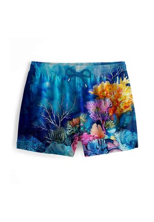 Badehosen in Blau, mit einem bunten Korallenriff-Design in Pink, Orange und Grün. Elastischer Bund mit Kordelzug.