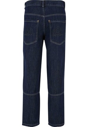 Mørkeblå denim jeans med lige ben, der har to baglommer præget med "SOUTHPole." Kontrastsyning langs sømme.