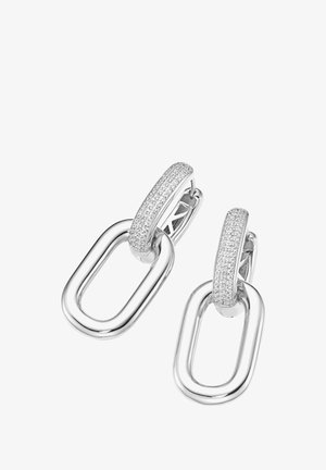 Silver-tone link drop earrings with pavé crystal accents on the top hoops and smooth elongated oval links hanging below.
