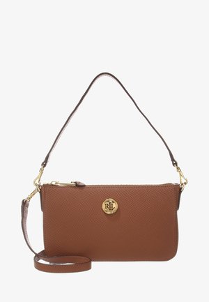 Sac bandoulière en cuir marron texturé avec logo RL doré, fermeture éclair dorée et bandoulière réglable.