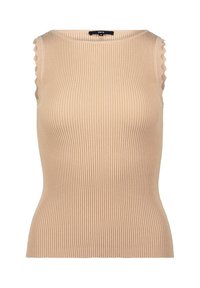 Débardeur beige côtelé avec des bords d'épaule à volants, design ajusté et tissu texturé. Encolure ronde, coupe sans manches et style minimaliste.