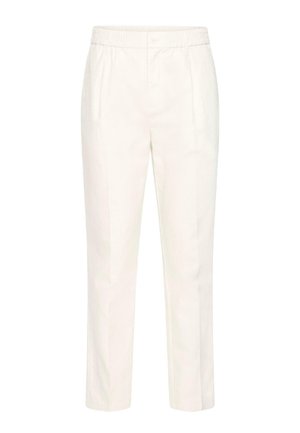 Witte broek van lichtgewicht stof met een platte voorkant, plooien en een elastische tailleband. Recht model en zonder zichtbare patronen.