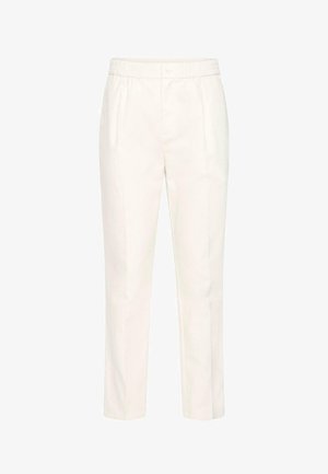 Witte broek van lichtgewicht stof met een platte voorkant, plooien en een elastische tailleband. Recht model en zonder zichtbare patronen.