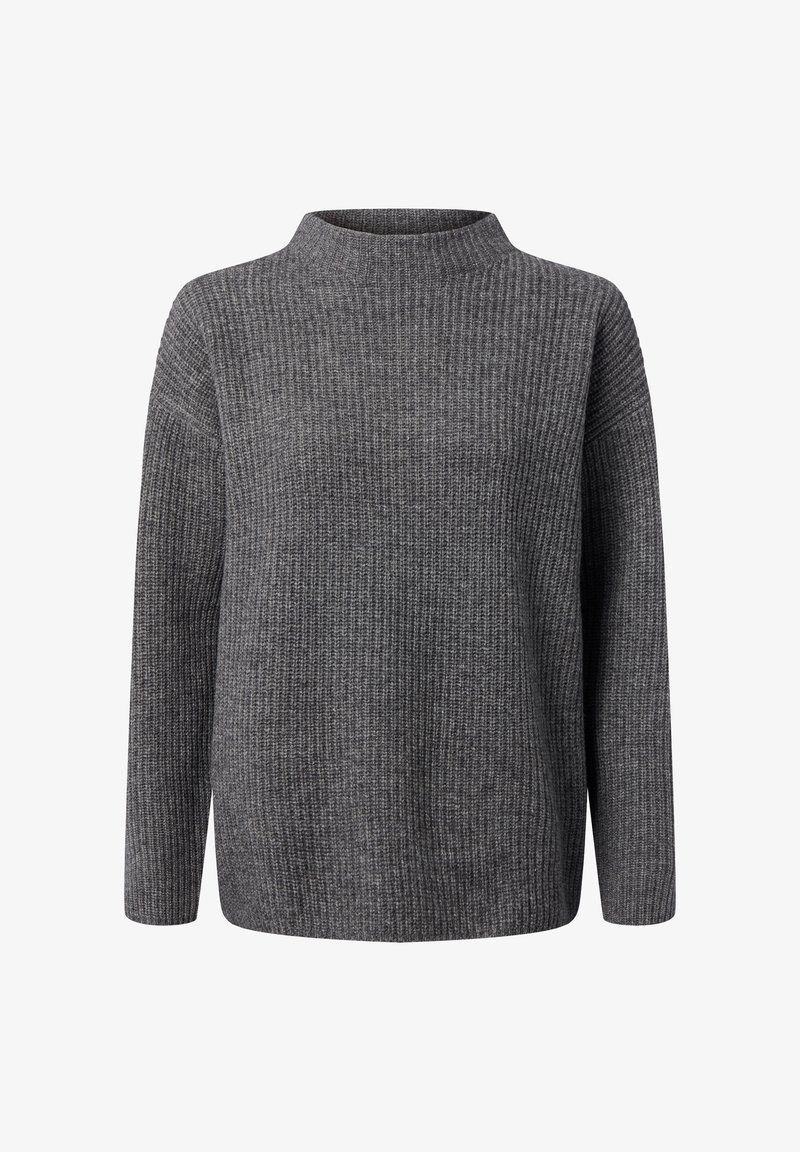 Grauer Rippstrickpullover mit Mock-Neck, langen Ärmeln und lockerer Passform. Verfügt über einen strukturierten Stoff für zusätzliche Wärme und Komfort.