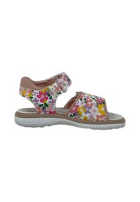 Sandali con motivo floreale in una combinazione di colori rosa e bianco; dotati di una cintura in velcro e di una suola testurizzata per una migliore aderenza.