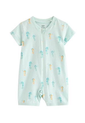 Lyseblå babydragt med korte ærmer, lynlås foran og et mønster af små blå og orange søheste.