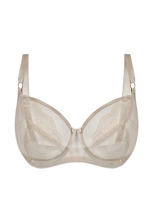 Beżowy koronkowy biustonosz z fiszbinami, regulowanymi ramiączkami i małą kokardką na środku, zaprojektowany dla wsparcia i delikatnego stylu.