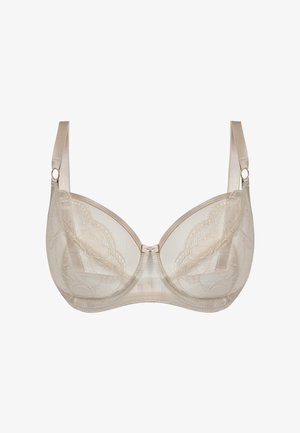 Beżowy koronkowy biustonosz z fiszbinami, regulowanymi ramiączkami i małą kokardką na środku, zaprojektowany dla wsparcia i delikatnego stylu.