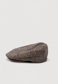 Pruunist ruudulisest mütsist siniste detailidega, ümar kuju ja tekstureeritud kangas, millel on väike logosärk külje peal.