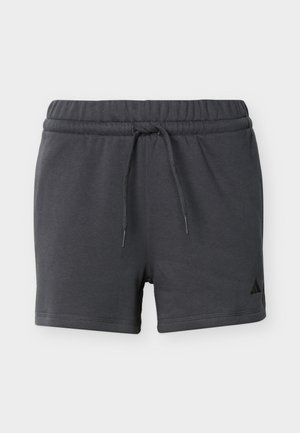 Shorts décontractés gris foncé avec taille élastique et cordon de serrage, arborant un petit logo Adidas noir sur la partie inférieure gauche de la jambe.