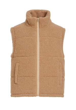 Gilet in pile color sabbia con colletto alto, zip frontale e due tasche laterali. Presenta un materiale testurizzato e un motivo trapuntato.