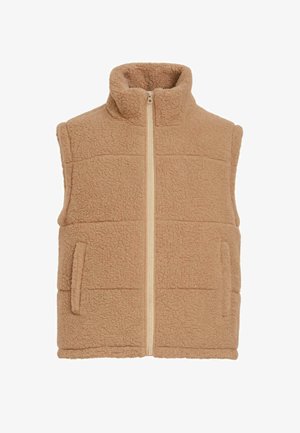 Gilet in pile color sabbia con colletto alto, zip frontale e due tasche laterali. Presenta un materiale testurizzato e un motivo trapuntato.