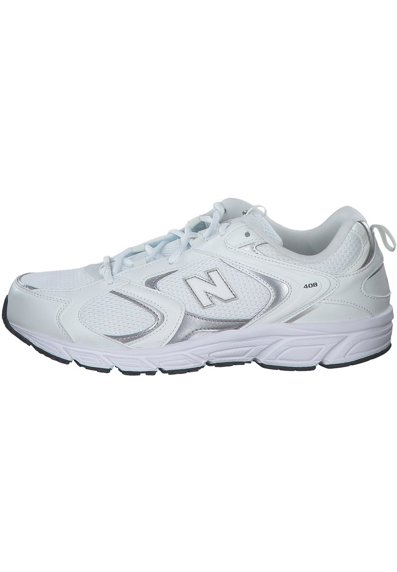 White athletic shoes with mesh upper, silver accents, and cushioned sole. Features laces and a small pull tab at the heel for easy wear.