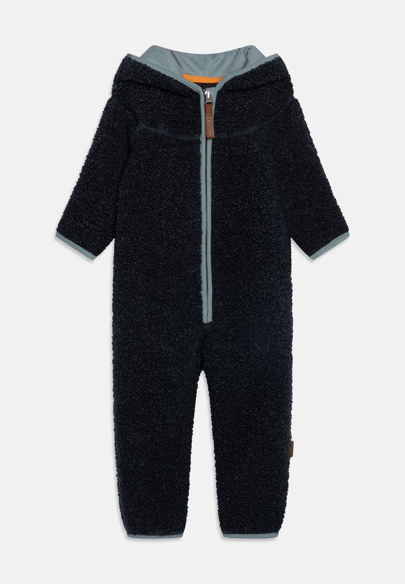 Une combinaison en polaire marine avec une capuche, fermeture éclair intégrale et accents gris. Texture douce, manches longues et coutures renforcées.