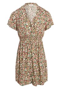 Robe à manches courtes avec imprimé floral, décolleté en V, taille élastique et boutons sur le devant dans des tonalités de vert, rouge, blanc et marron.