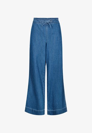 Blue denim wide-leg trousers with white vertical stripes. Features a drawstring waistband and a smooth texture. Accent stitching visible.