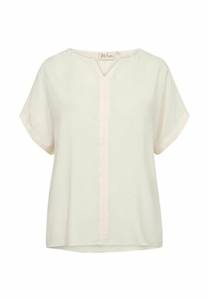 Blusa leggera color crema con maniche corte, scollatura a V e patta centrale. Tessuto morbido e liscio con una vestibilità rilassata e orlo arrotondato.