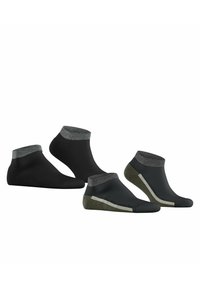 Drei Paar flache Socken, schwarz mit grauen Bündchen, von denen ein Paar einen olivgrünen Akzent mit weißem Streifen hat. Hergestellt aus einem glatten, dehnbaren Material.
