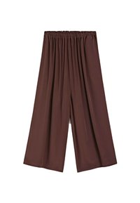 Pantaloni larghi marroni con elastico in vita, realizzati in un tessuto morbido, con una texture liscia e un design fluido.