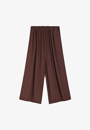 Braune weite Hose mit elastischem Bund, aus weichem Stoff gefertigt, mit glatter Textur und fließendem Design.