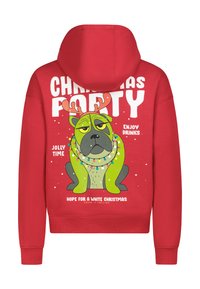 Roter Kapuzenpullover mit einem cartoonartigen Hund mit Geweih und festlichen Lichtern. Text enthält "Christmas Party" und "Hope for a White Christmas."